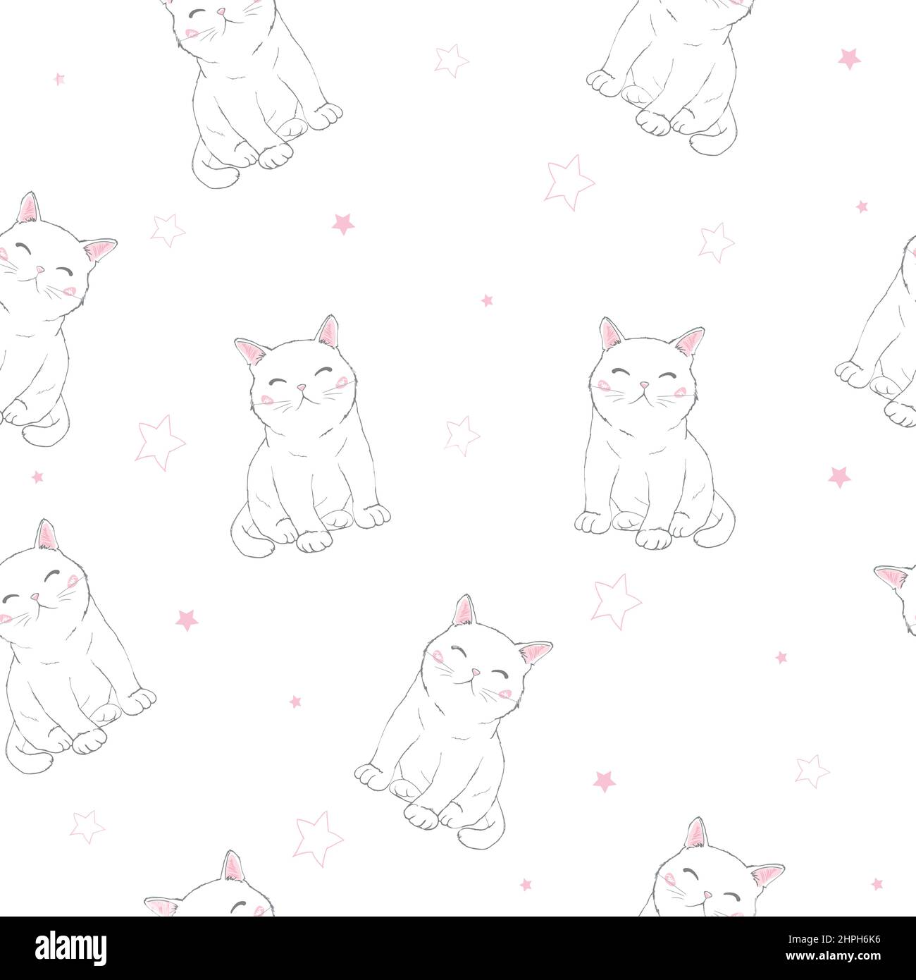 Modello senza cuciture di Cute Cartoon Cat Design su sfondo bianco. Illustrazione Vettoriale
