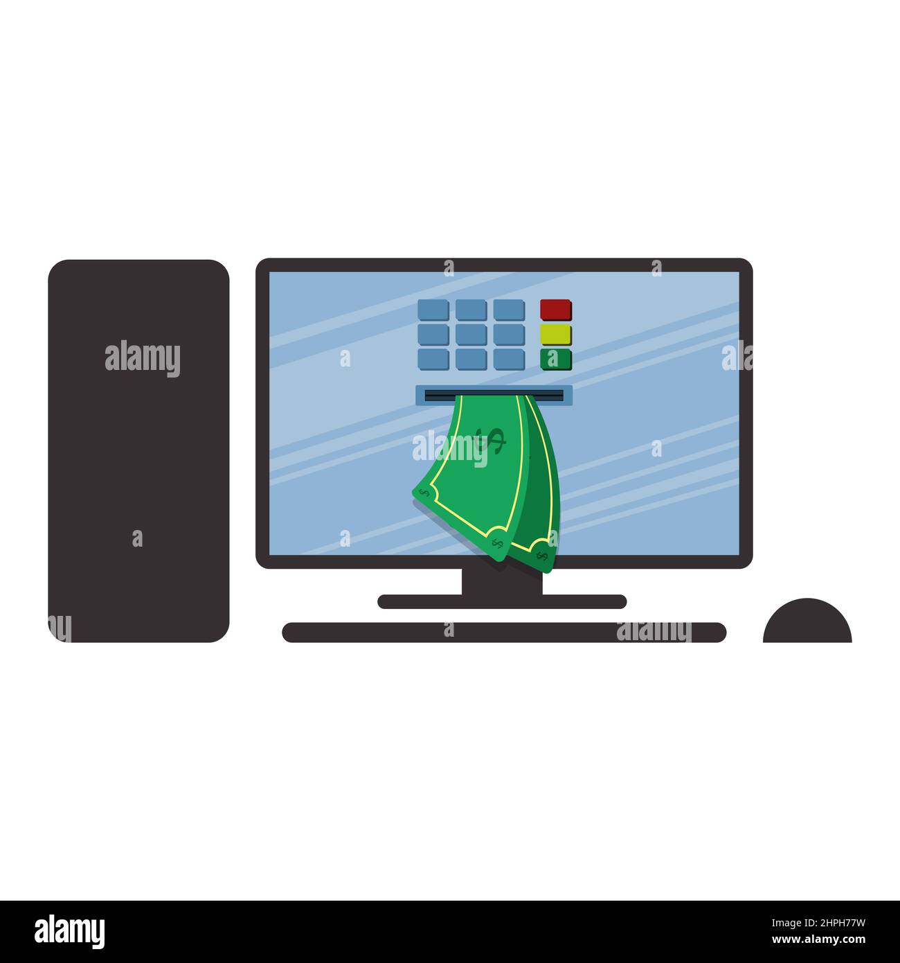 Prelevare denaro dal PC. Denaro in uscita dallo schermo. bancomat sul personal computer. Illustrazione Vettoriale