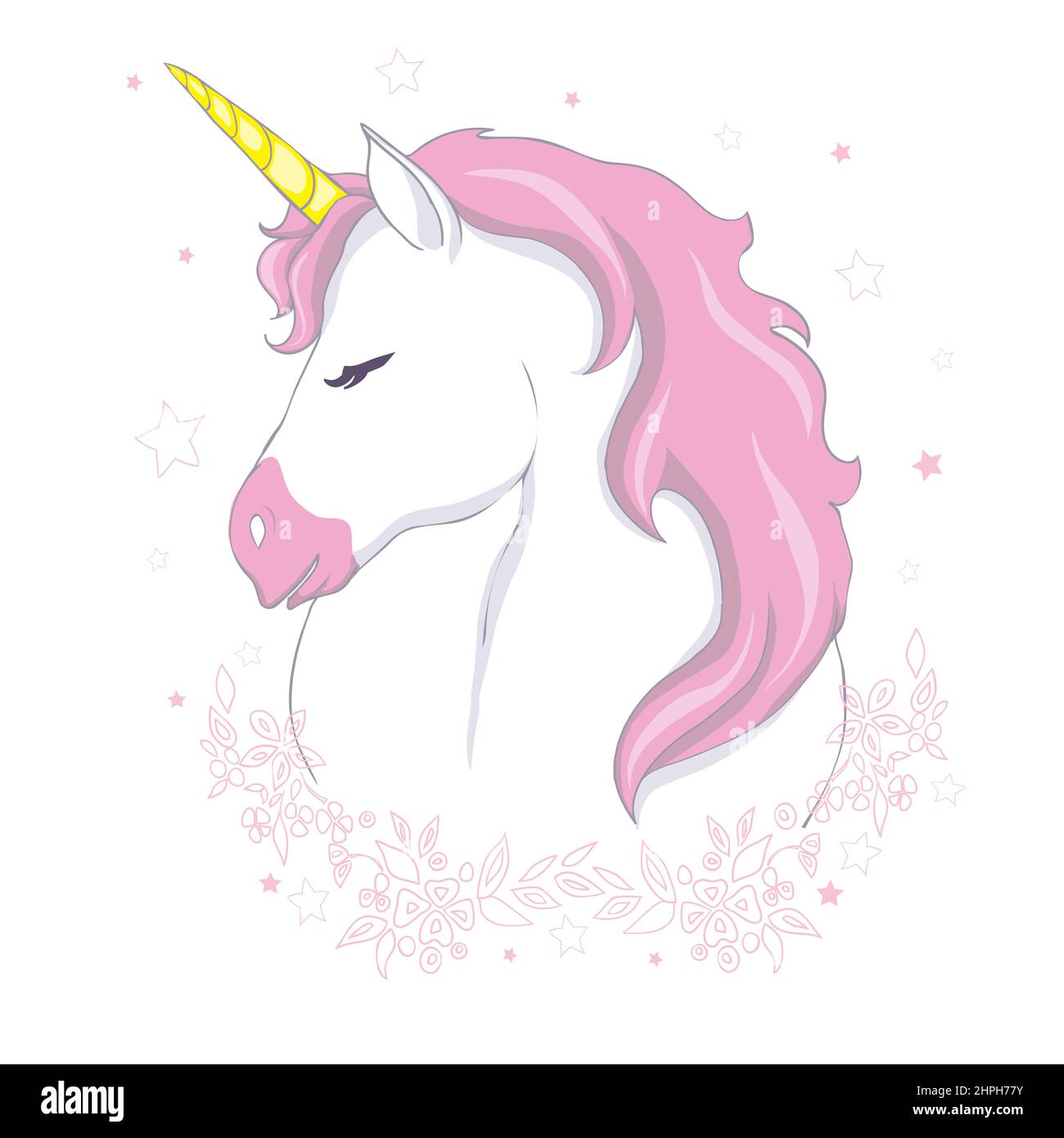 Simpatico unicorno vettoriale. Personaggio magico con mane rosa circondato da polvere di stella per adesivi, carte, t-shirt e divertente disegno per bambini. Illustrazione Vettoriale