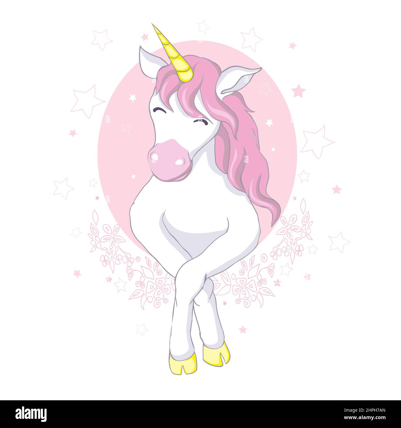 Simpatico unicorno vettoriale. Personaggio magico con mane rosa circondato da polvere di stella per adesivi, carte, t-shirt e divertente disegno per bambini. Illustrazione Vettoriale