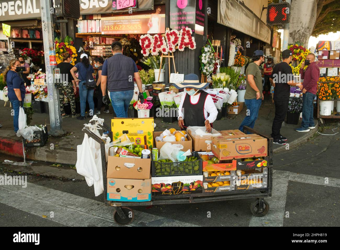 Donna che vende frutta nel distretto di Flower, nel centro di Los Angeles, California, Stati Uniti d'America Foto Stock