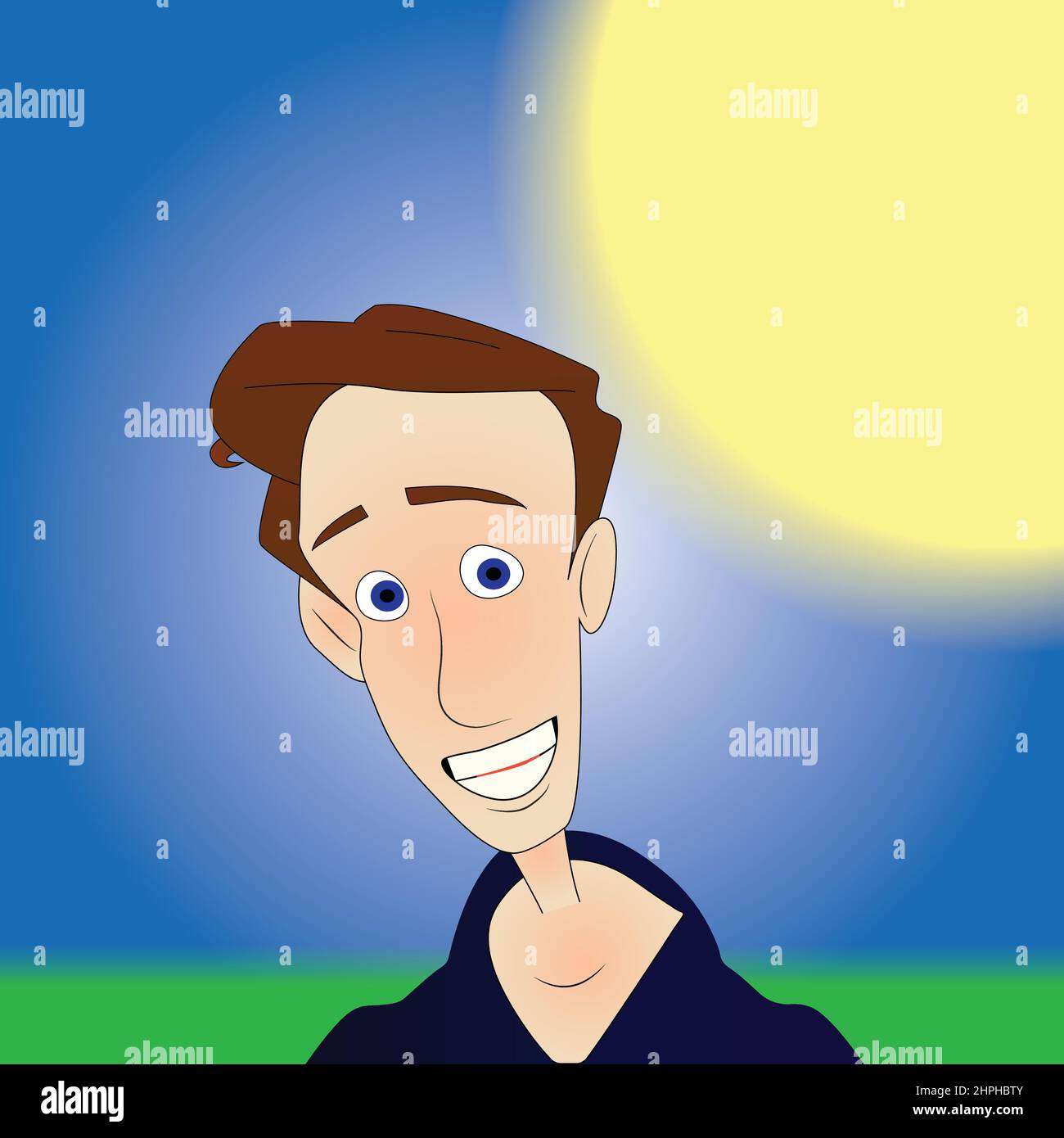 Stupito uomo sguardo spaventato con un sole, cielo e erba sullo sfondo Illustrazione Vettoriale