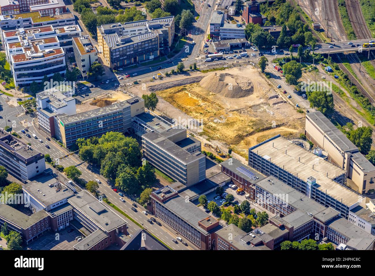 Fotografia aerea, cantiere nuovo quartiere della letteratura per uffici e appartamenti a Sachsenstraße con demolizione del vecchio quartiere dei giornali Foto Stock