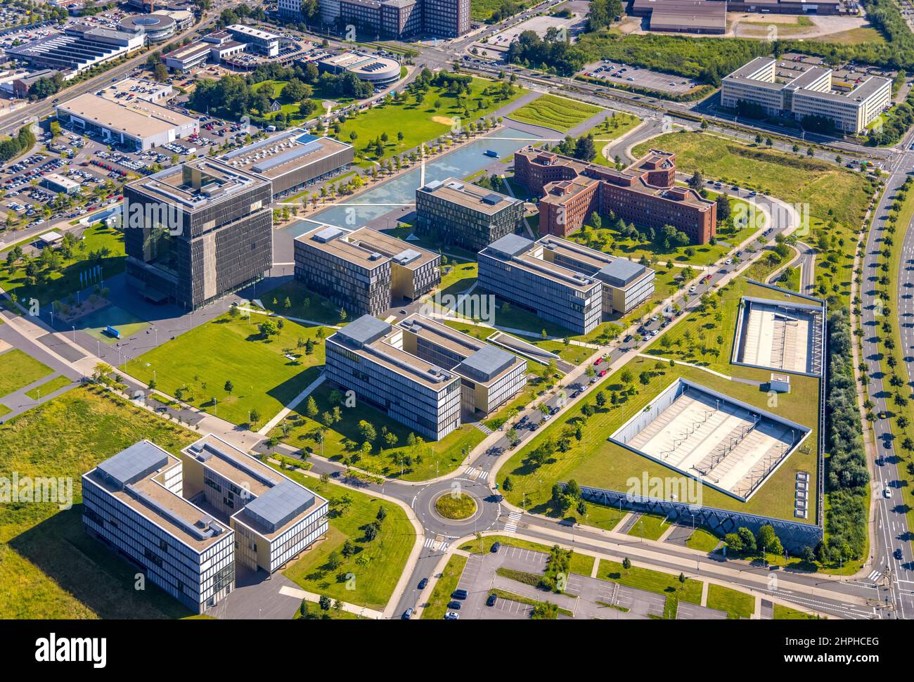 Vista aerea, sede del gruppo thyssenkrupp Quarter nel quartiere occidentale di Essen, zona della Ruhr, Renania settentrionale-Vestfalia, Germania, DE, Essen, Europa, aperto Foto Stock