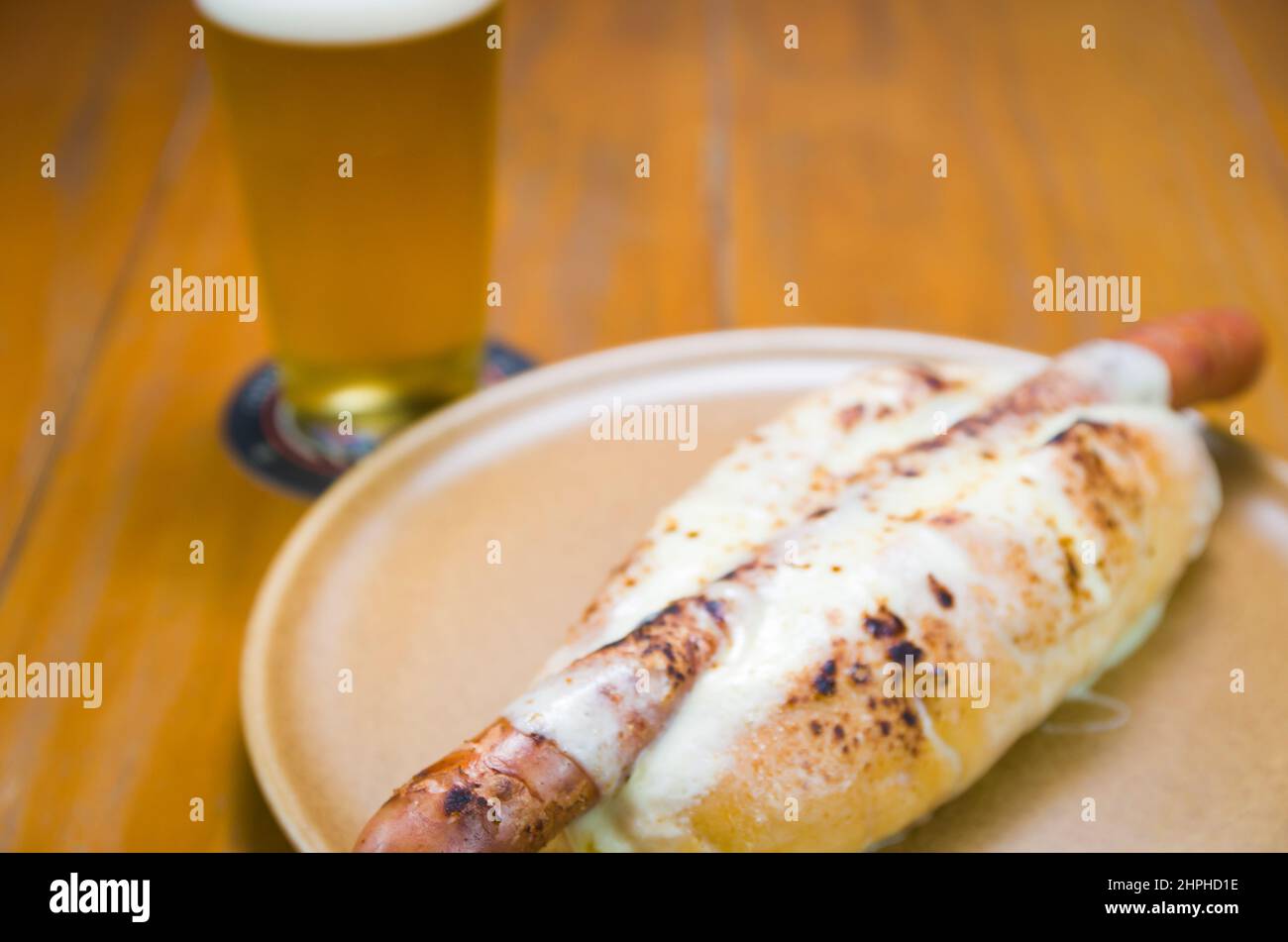 Delizioso primo piano del tradizionale hot dog uruguaiano (pancho) Foto Stock