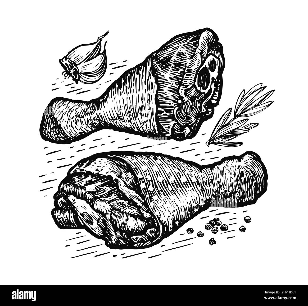 Cosce di pollo cibo di carne. Disegno a mano in bianco e nero incisione vettoriale Illustrazione Vettoriale