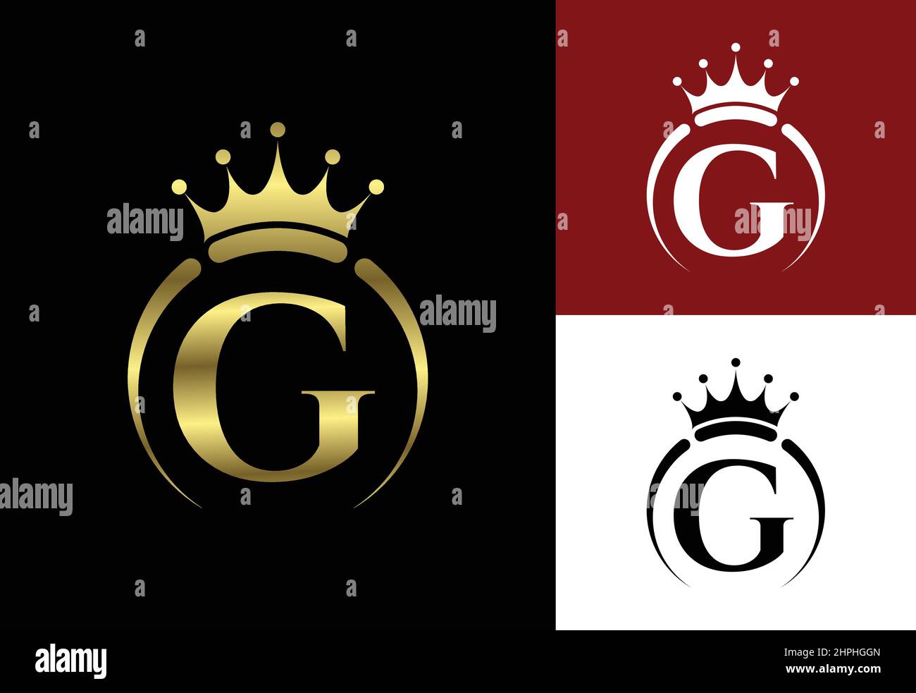 Lettera iniziale del G monogramma con una corona. Royal, King, queen simbolo di lusso. Emblema del carattere. Illustrazione Vettoriale