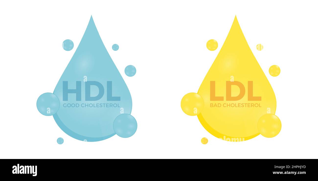 Set vettoriale di colesterolo HDL buono e colesterolo LDL cattivo. Lipoproteine ad alta densità e a bassa densità. Icone mediche o farmaceutiche lucenti isolate su un bianco Illustrazione Vettoriale