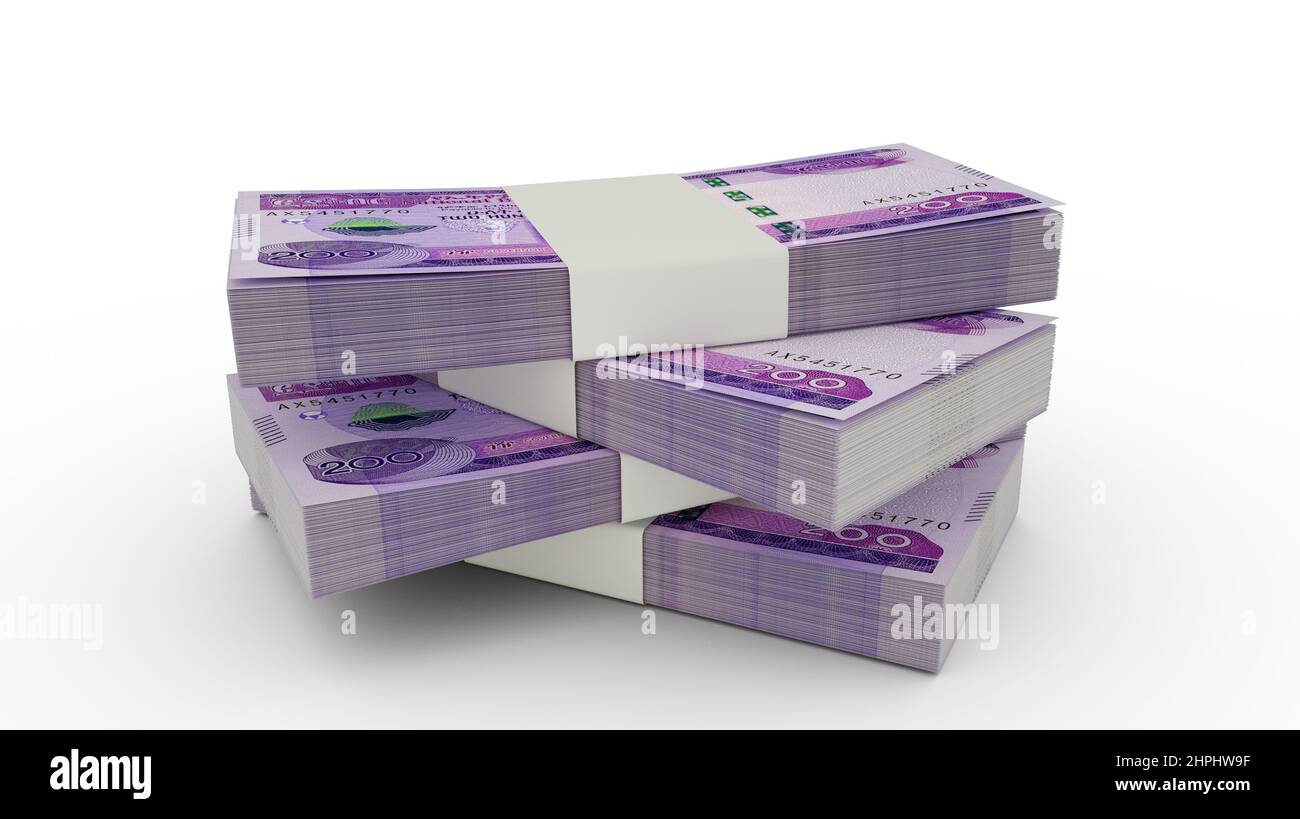 3D rendering di Stack of Etiopian Birr Notes. Pochi pacchetti di valuta etiope isolati su sfondo bianco Foto Stock