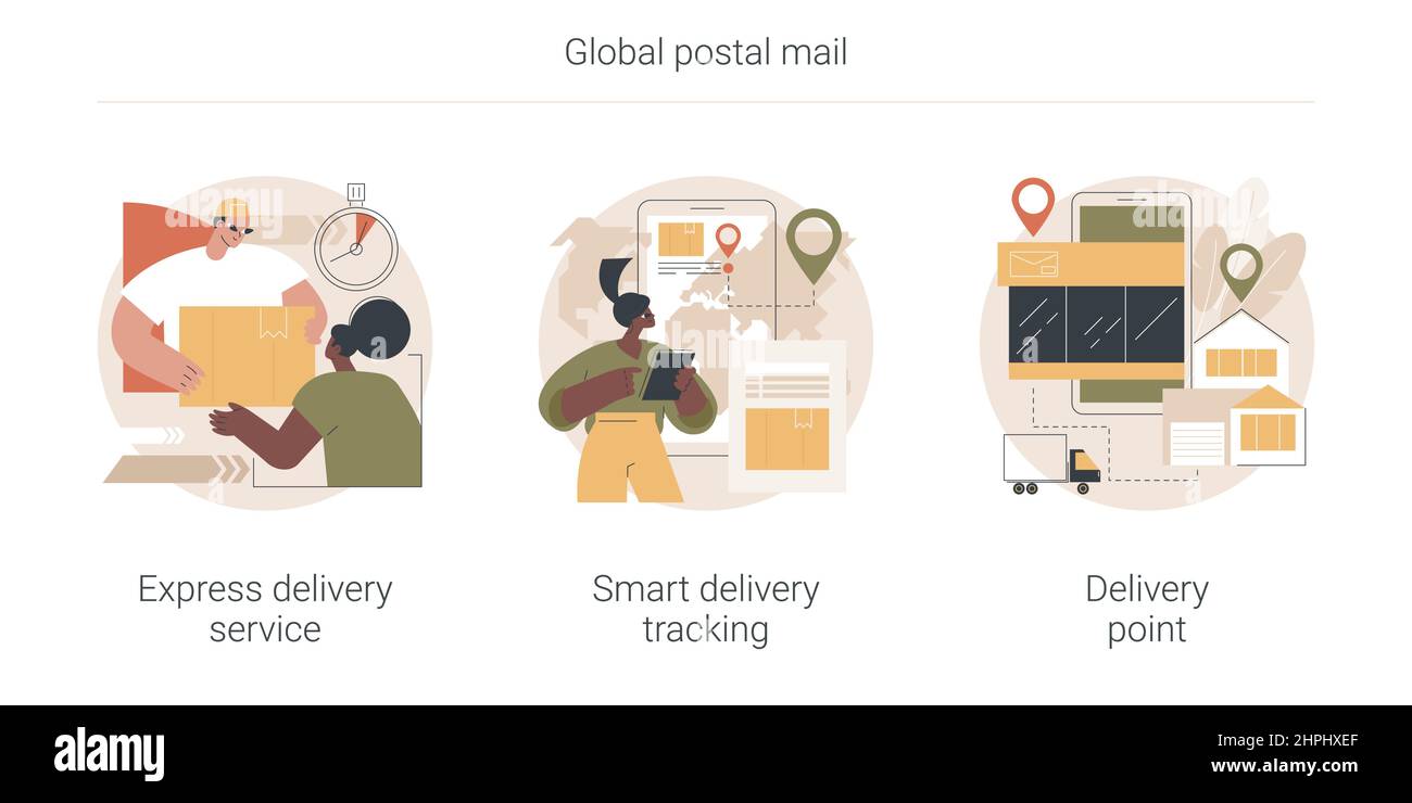 Set di illustrazioni vettoriali di concetto astratto della posta postale globale. Servizio di consegna rapida, tracciamento intelligente, punto di consegna, ordine di spedizione rapido, applicazione per conducente corriere, raccogliere la metafora astratta pacco. Illustrazione Vettoriale