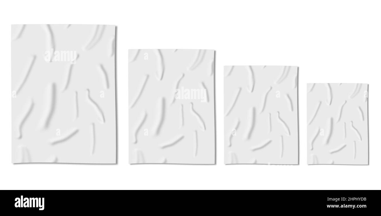 Modello per poster con grinze con varie dimensioni e modelli. Bianco legno bianco incollato mock su sdraiato su sfondo chiaro neutro (piatto). ID branding Foto Stock