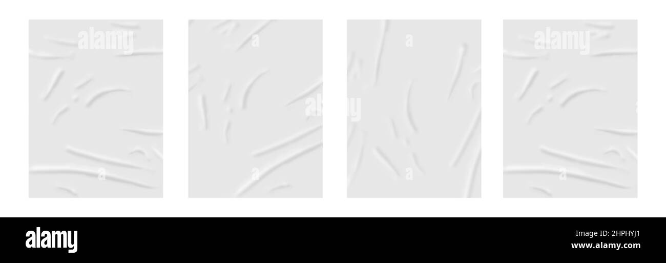 I bianchi di carta stropicciati vengono rifatti isolati su sfondo bianco (superficie piana). Presentazione dei modelli di identificazione dei marchi 4 Poster in legno incollato. Foto Stock