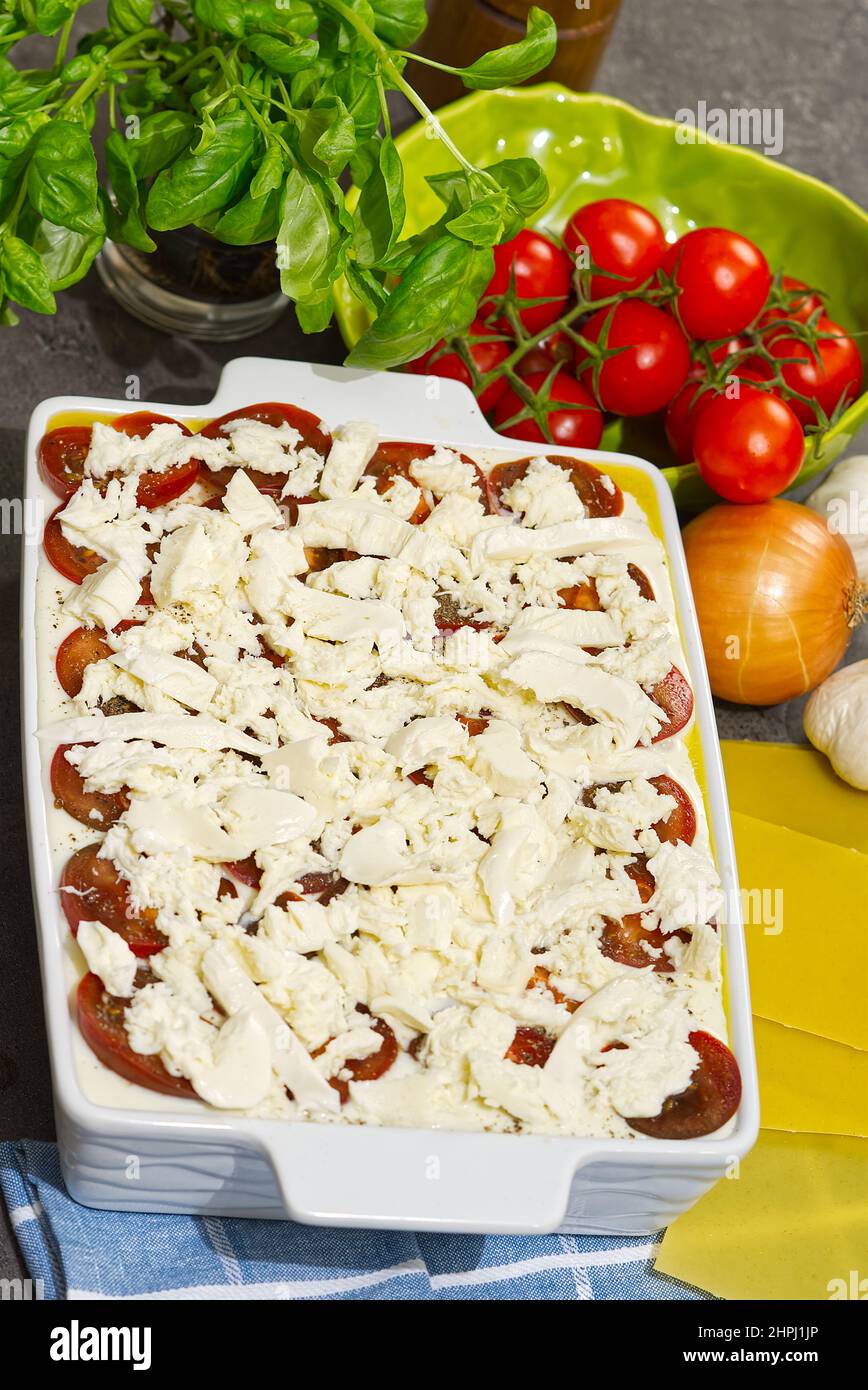 Donna che prepara lasagne di carne in cucina. Ricetta lasagna - cucina italiana Foto Stock