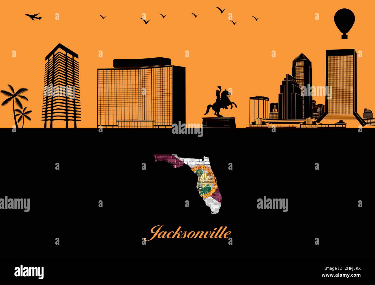 Profilo skyline di Jacksonville - illustrazione, Città su sfondo arancione, Mappa della Florida Illustrazione Vettoriale