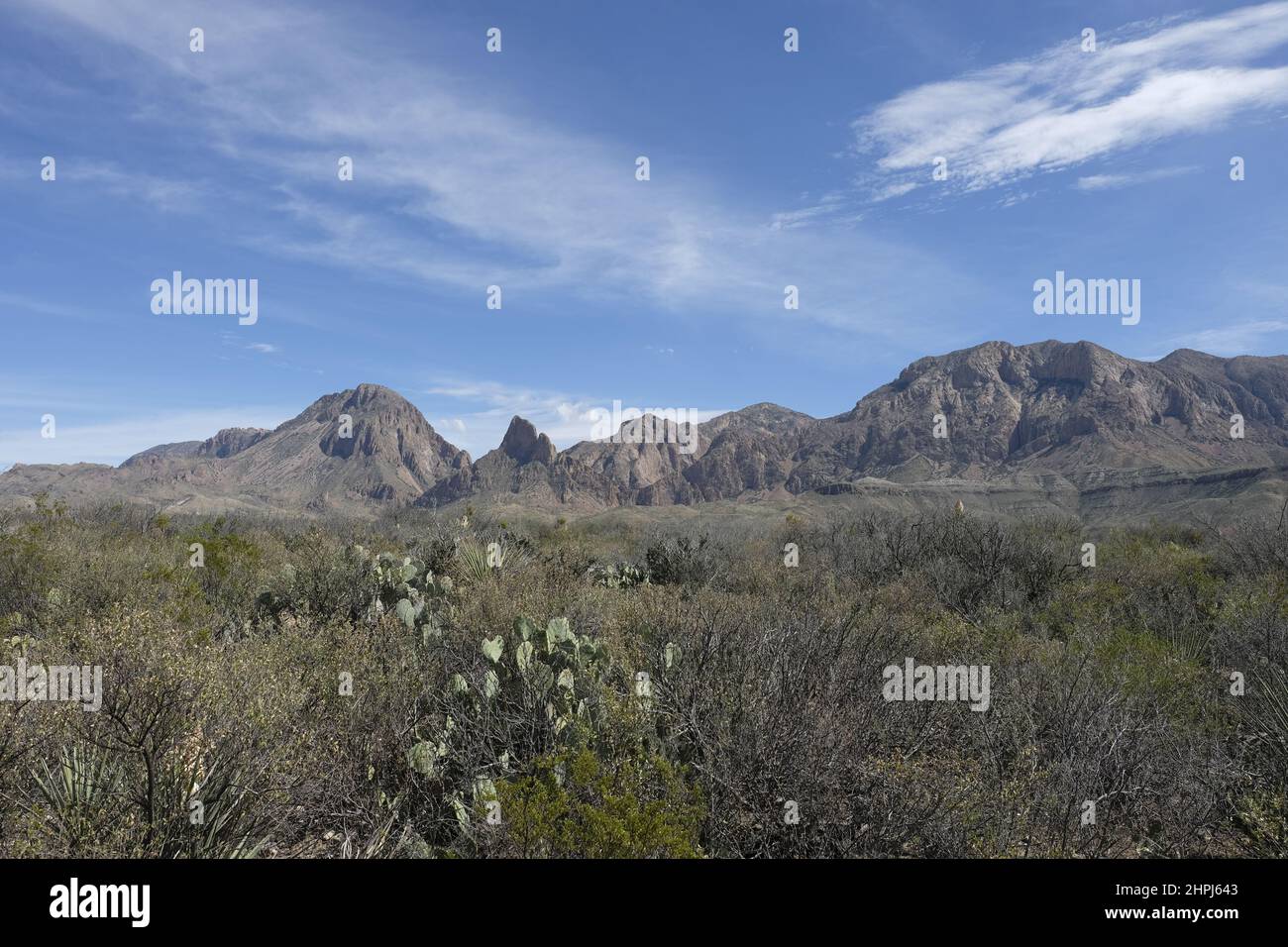 Montagna lussureggiante deserto blu cieli wispy nuvole Foto Stock