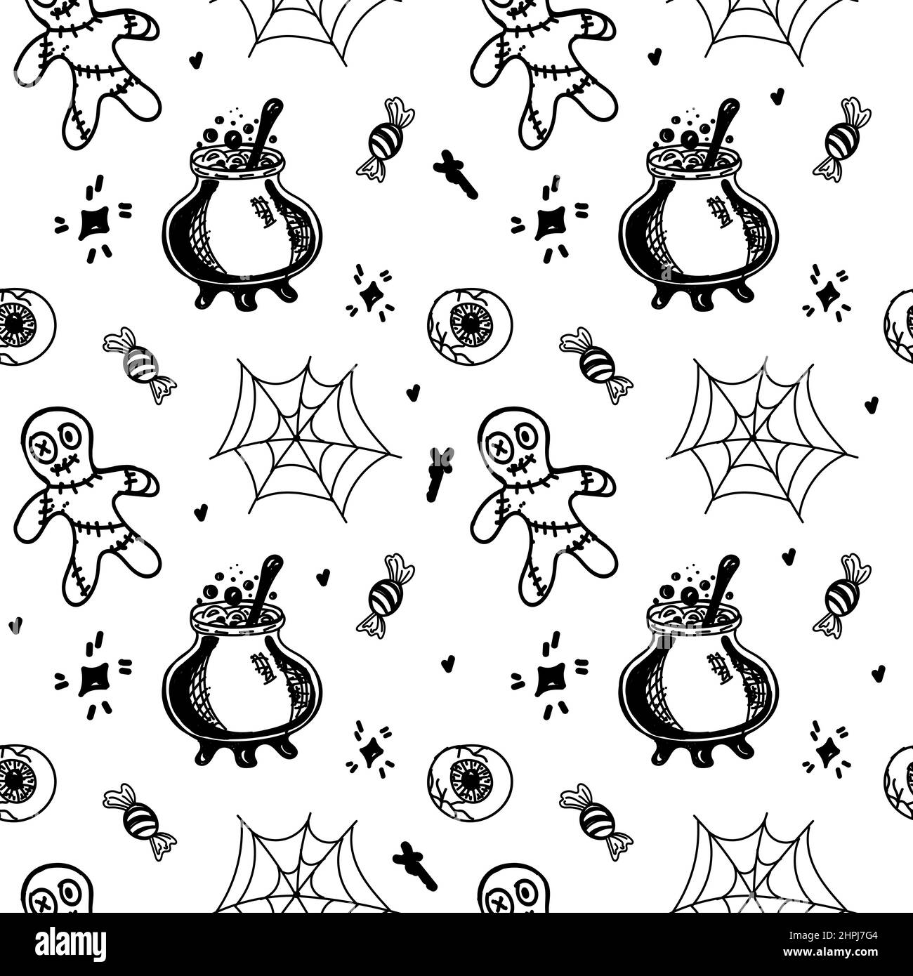 Sfondo senza cuciture con elementi di Halloween disegnati in uno stile noodle. Veleno veleno, ragnatela, ragni e bambole vodoo. Backg monogamous di Halloween Illustrazione Vettoriale