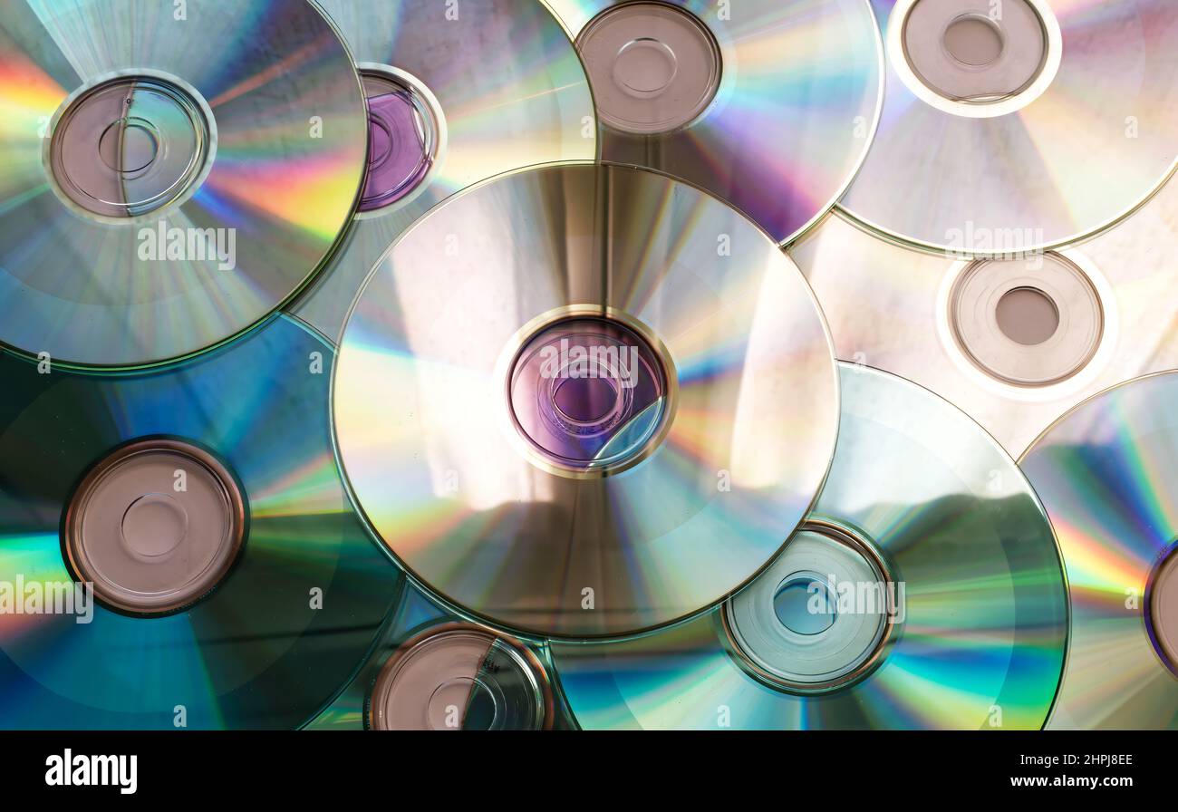 Sfondo dei compact disc. Tecnologia vintage del 90s. Foto Stock
