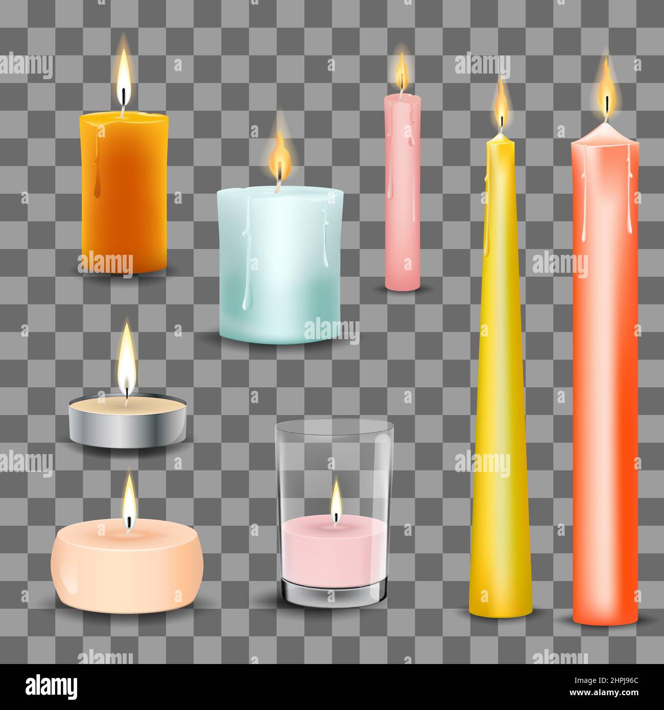 Candele 3D realistico insieme isolato su sfondo trasparente illustrazione vettoriale Illustrazione Vettoriale