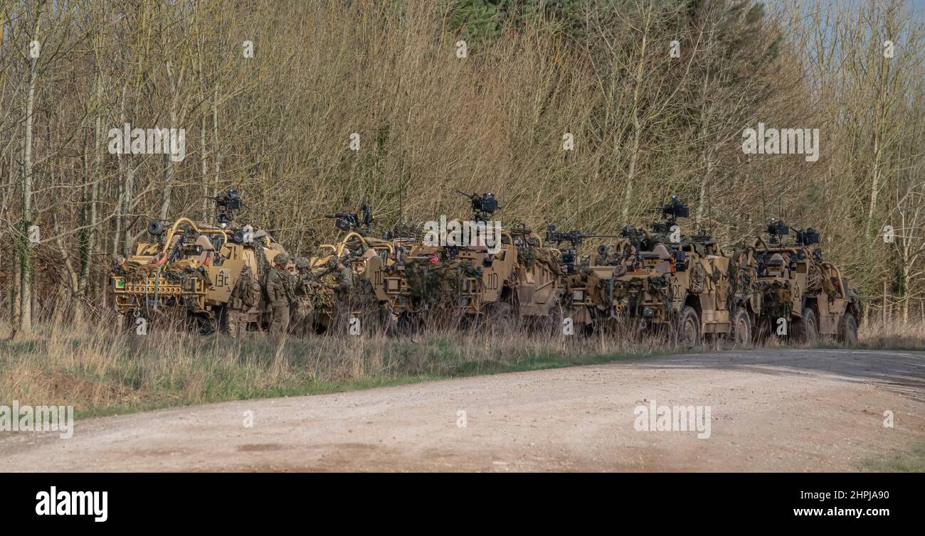 diversi supacat dell'esercito britannico schiacali esercito rapido assalto, sostegno del fuoco e veicolo di ricognizione in azione su un esercizio militare Foto Stock