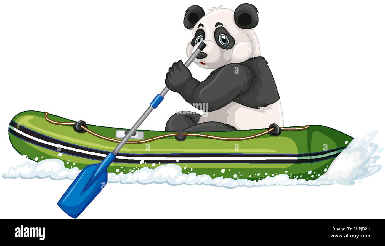 Panda su barca gonfiabile in stile cartoon illustrazione Illustrazione Vettoriale