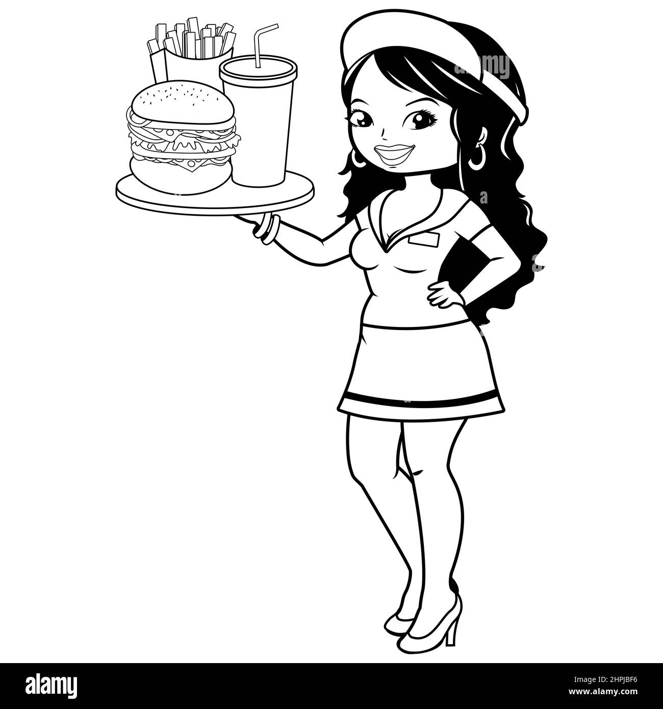 Fast food cameriera che serve hamburger, patatine fritte e bevande. Pagina da colorare in bianco e nero. Foto Stock