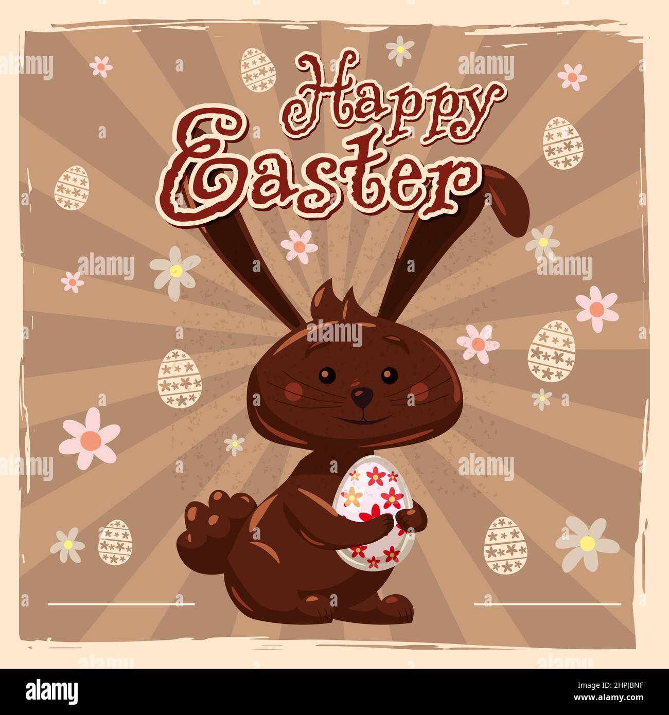 Felice Pasqua biglietto d'auguri illustrazione retrò con coniglietto di cioccolato di pasqua, coniglio. Grafica vettoriale vintage Illustrazione Vettoriale