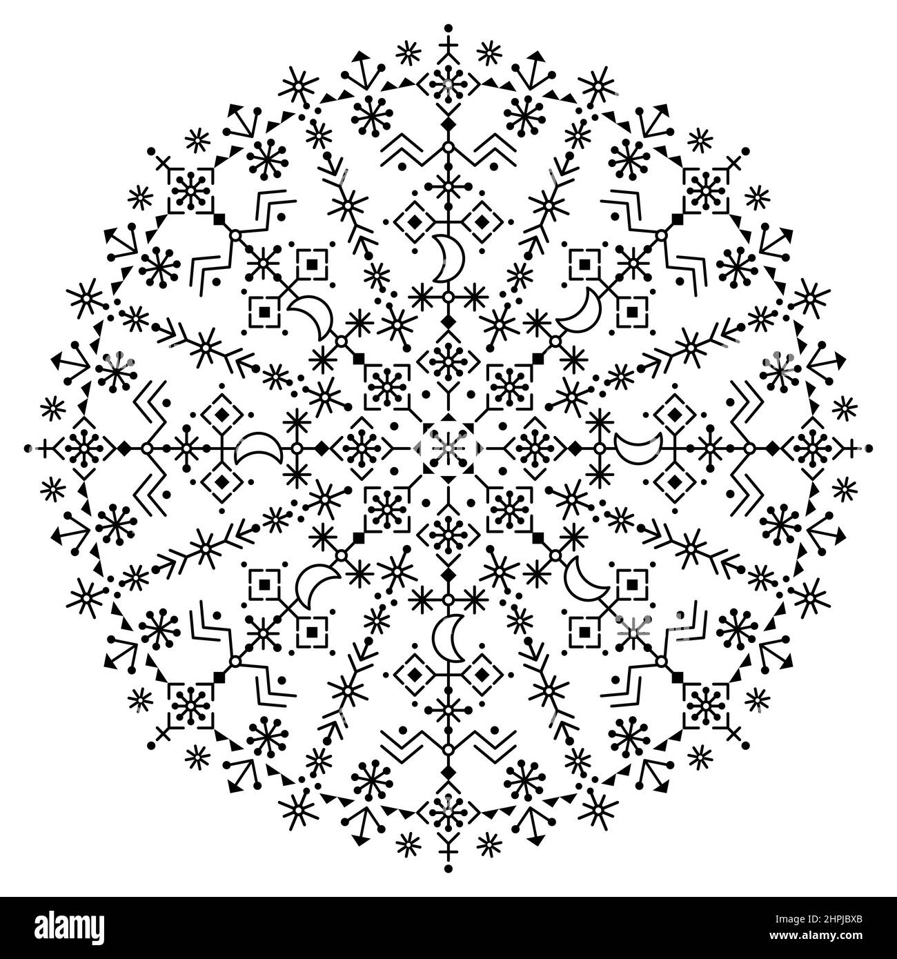 Nordic islandese runa stile geometrico vettore mandala design - linea tribale arte decorazione con lune, fiori Illustrazione Vettoriale