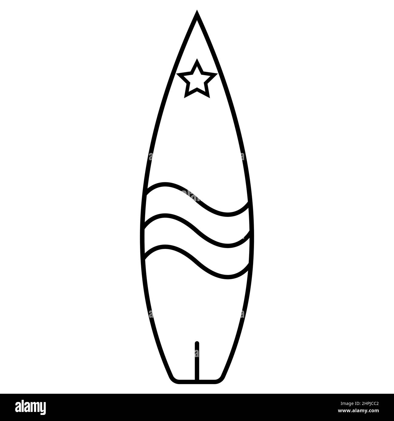Icona Surfboard, logo surf star Champion con onde di mare Illustrazione Vettoriale