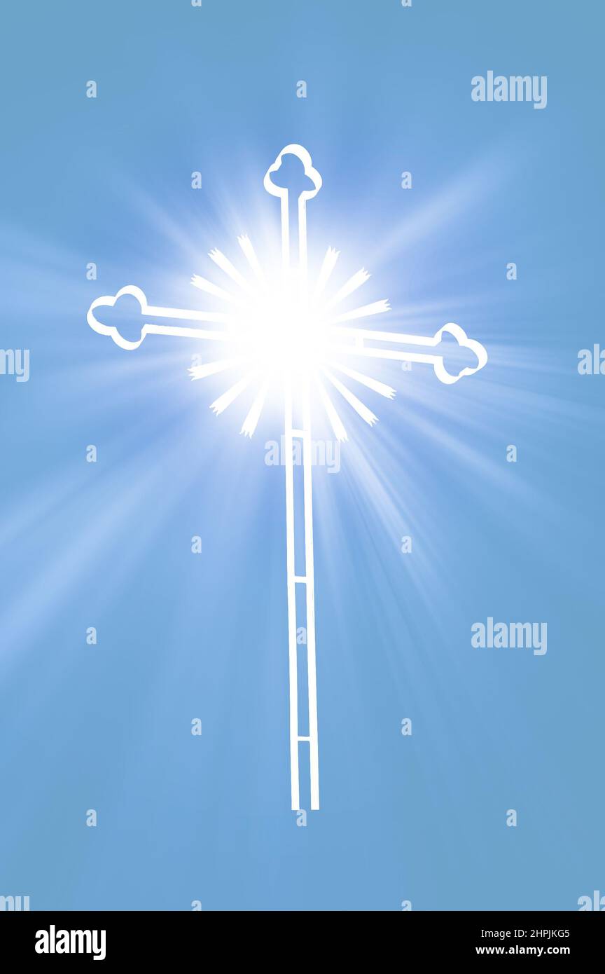 Croce religiosa su un cielo blu vivido.croce potente. Croce di una chiesa ortodossa su un cielo blu vivido. Foto Stock