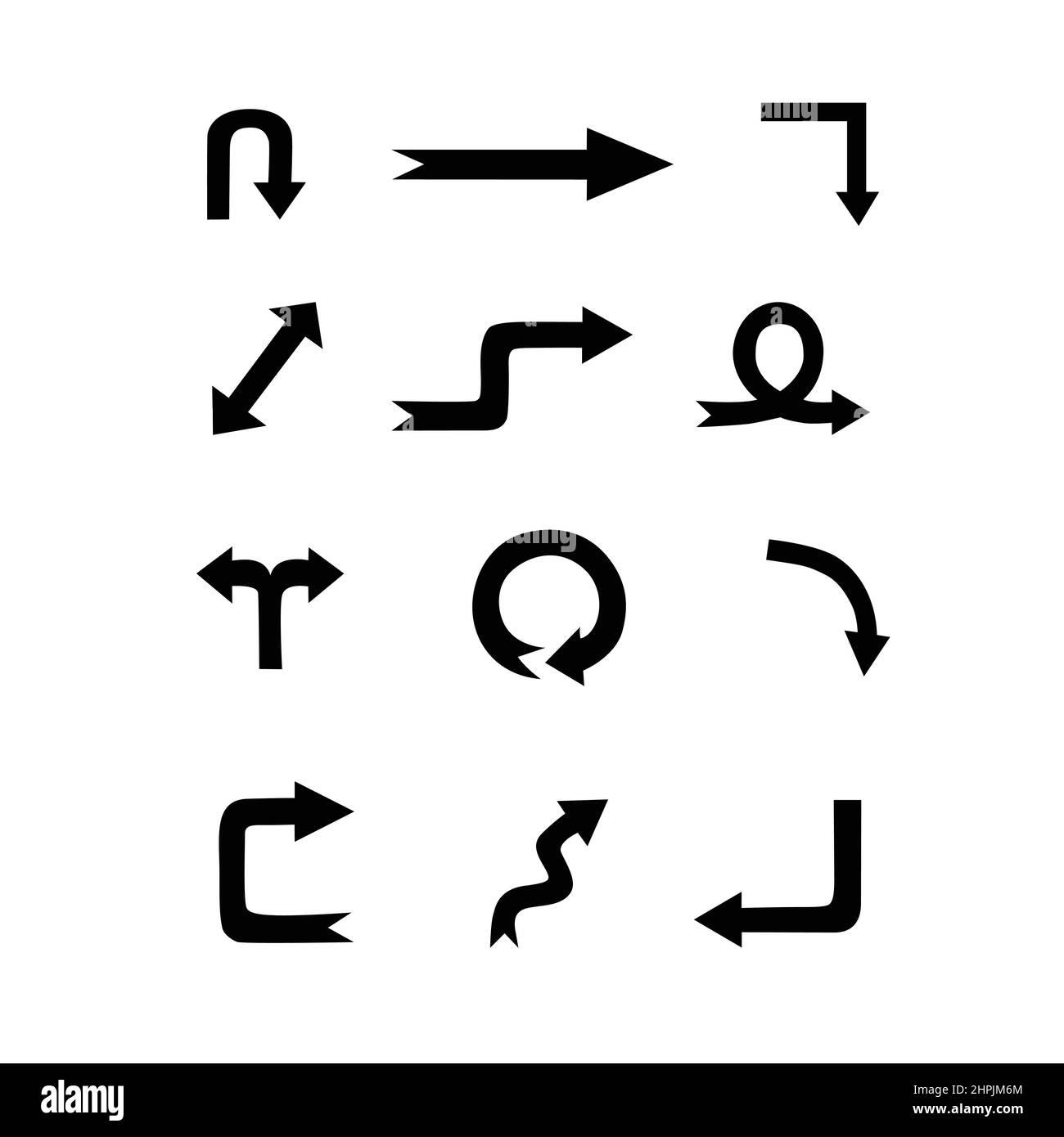 Semplici frecce nere disegnate a mano in varie direzioni. Set di elementi vettoriali moderni piatti isolati su sfondo bianco per infografiche e stampe Illustrazione Vettoriale