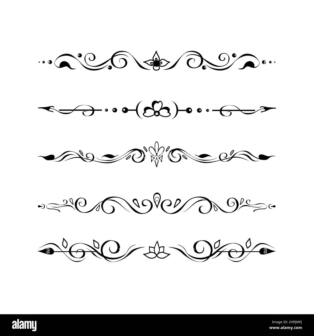 Delimitatori di testo retrò ornati, divisori di paragrafo, linee di decorazione del piè di pagina, bordi, vignette. Set di elementi romantici simmetrici disegnati a mano Illustrazione Vettoriale