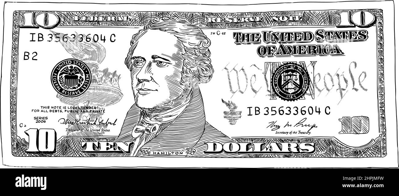 Disegno vettoriale di una banconota o di una banconota da dieci dollari Illustrazione Vettoriale