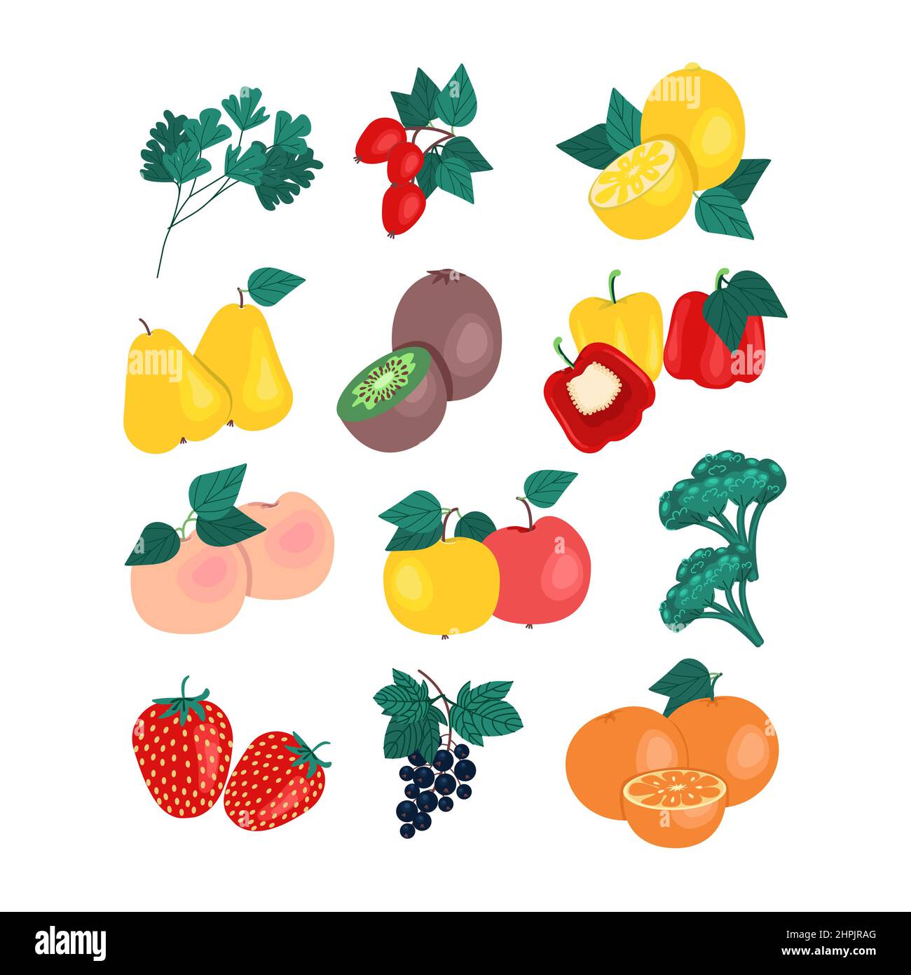 Grande set di frutta e verdura contenente illustrazione vettoriale della vitamina C. Illustrazione Vettoriale