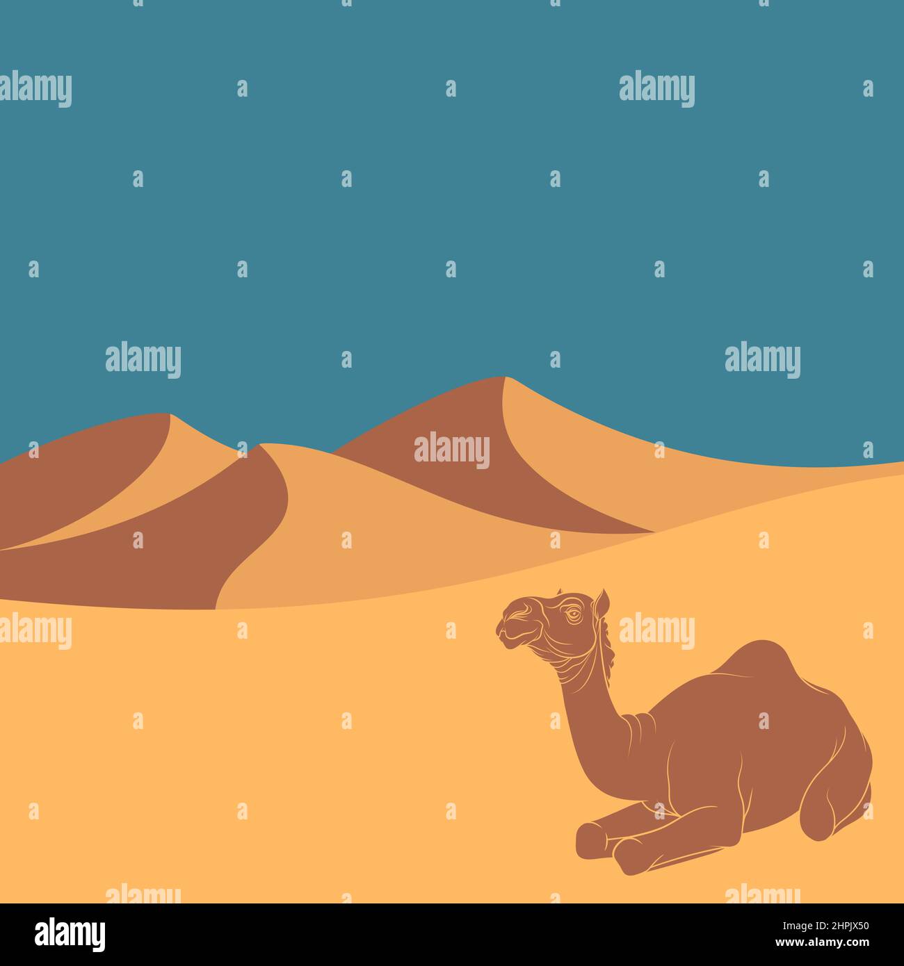 Paesaggio con deserto, dune e cammello. Sfondo colorato vettoriale. Illustrazione Vettoriale