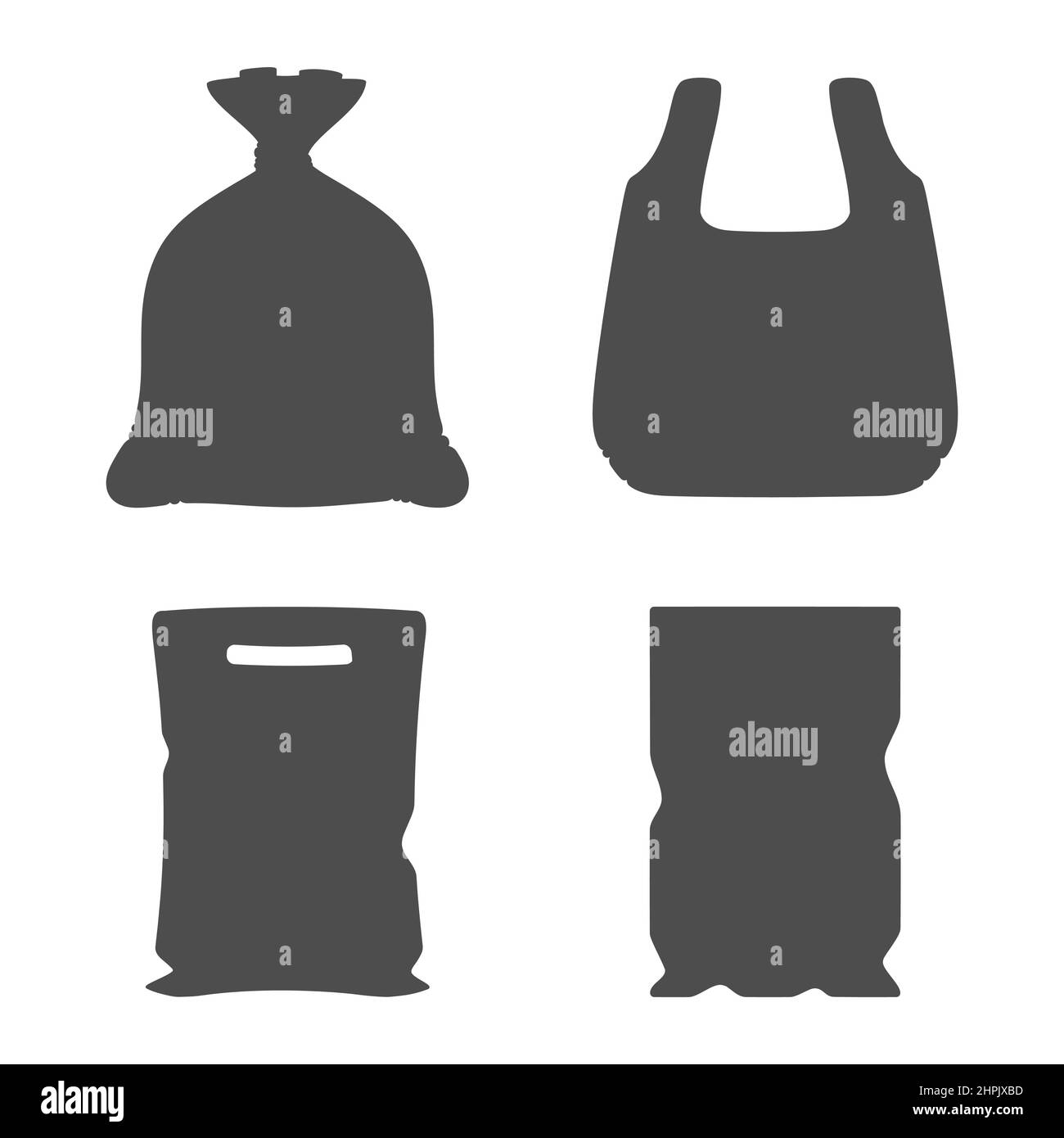 Set di illustrazioni in bianco e nero con confezioni e sacchetti di plastica. Oggetti vettoriali isolati su sfondo bianco. Illustrazione Vettoriale