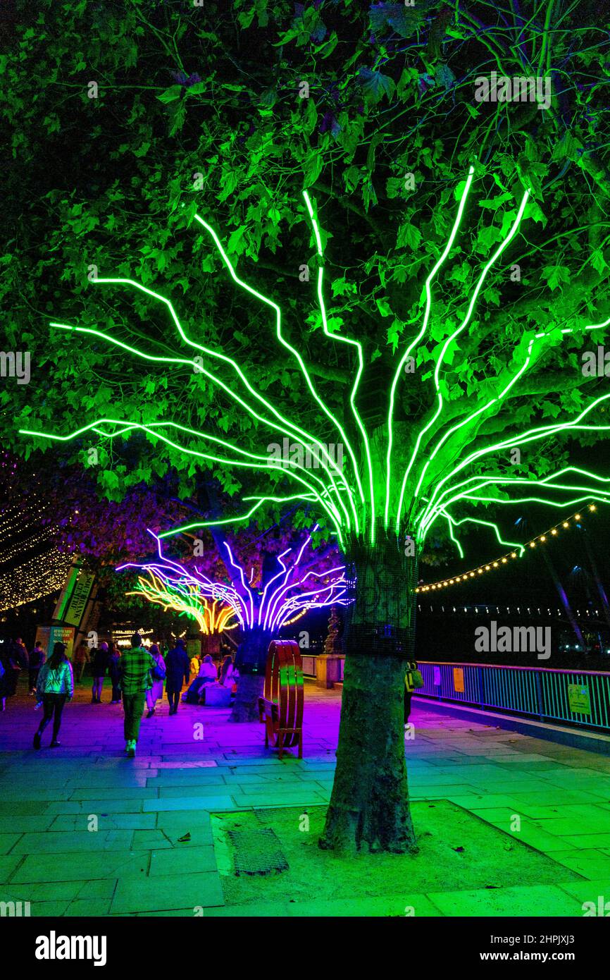 Neon Trees dell'artista David Ogle, parte di "Winter Light at the Southbank Centre", Southbank, Londra, Regno Unito Foto Stock