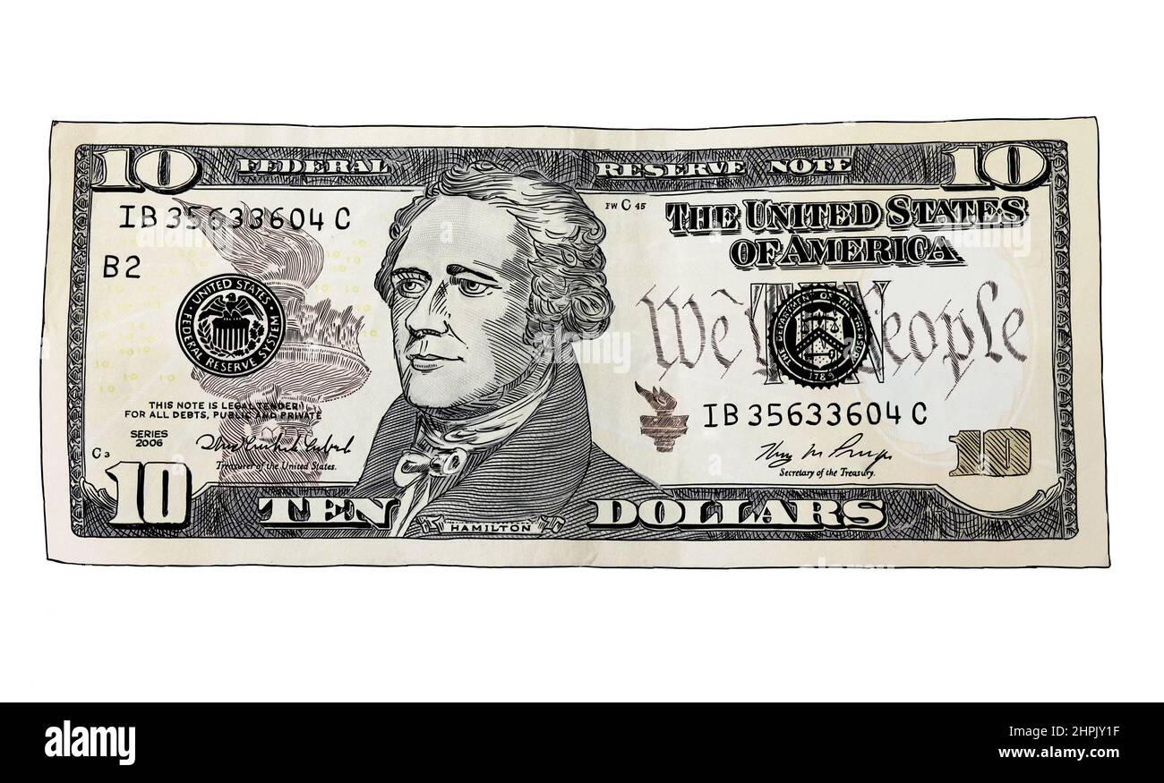 Illustrazione di una banconota da dieci dollari Foto Stock