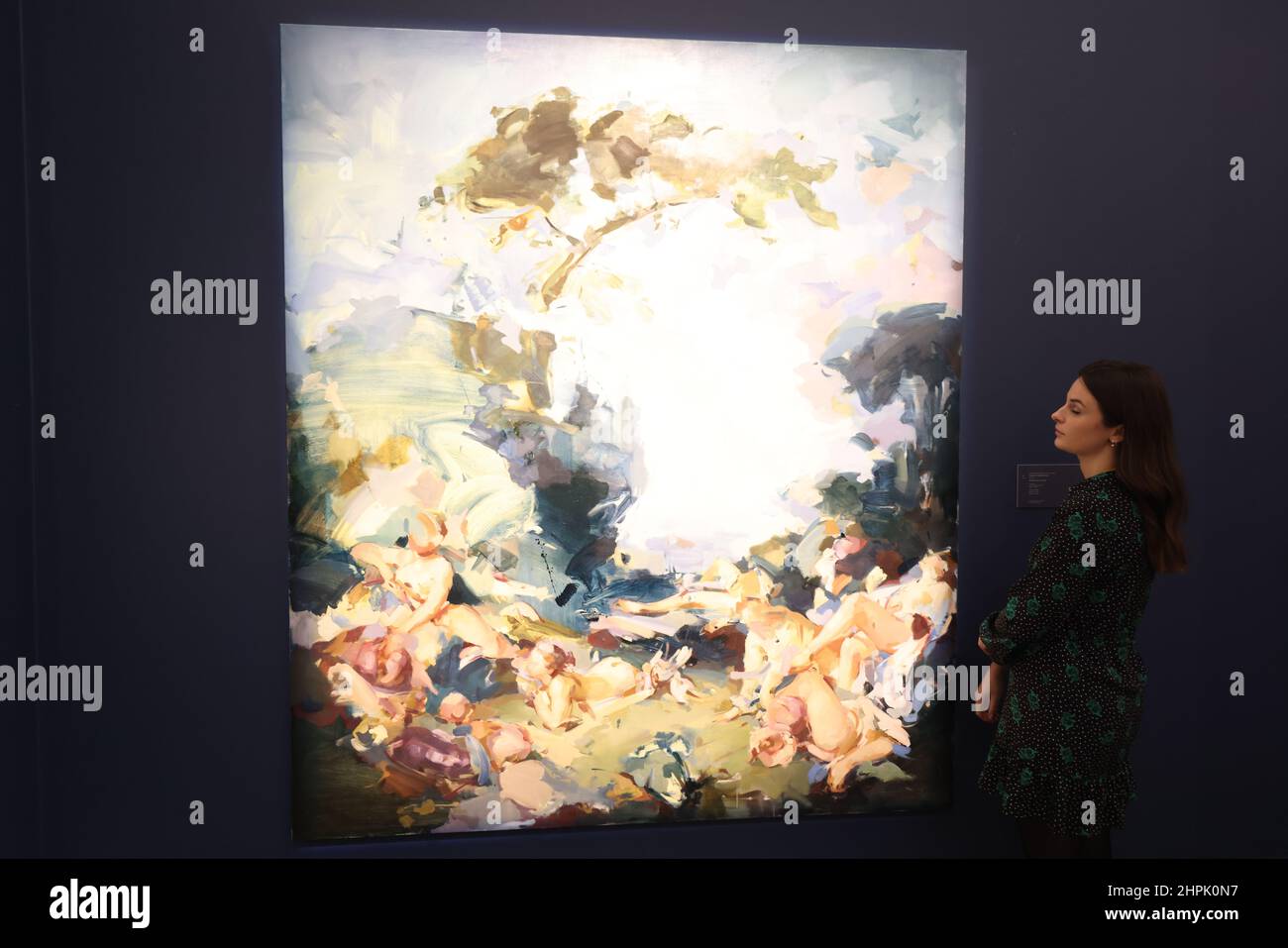 Flora Yukhnovich, caldo, bagnato 'N' Wild in mostra durante un'anteprima a Sotheby's, Londra, per la prossima asta di Arte moderna e Contemporanea che presenta £200 milioni di opere tra cui pezzi di Magritte, Monet, Picasso, Hockney e tre di Street-artist Banksy, dalla collezione di Robbie Williams. Data immagine: Martedì 22 febbraio 2022. Foto Stock