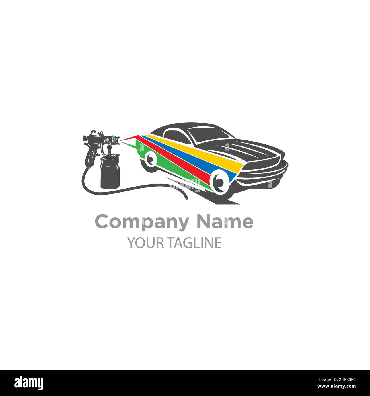 Logo di verniciatura auto con pistola a spruzzo e concetto unico colorato di veicolo.EPS 10 Illustrazione Vettoriale