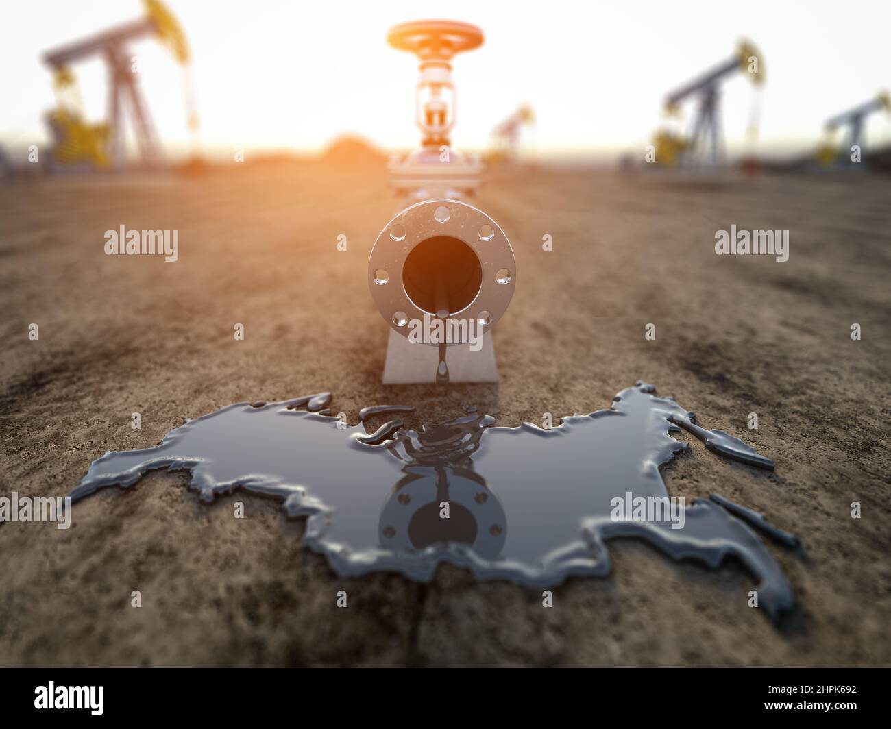 Concetto russo di industria petrolifera. Tubazione dell'olio con olio versato sotto forma di mappa della Russia. 3d illustrazione Foto Stock