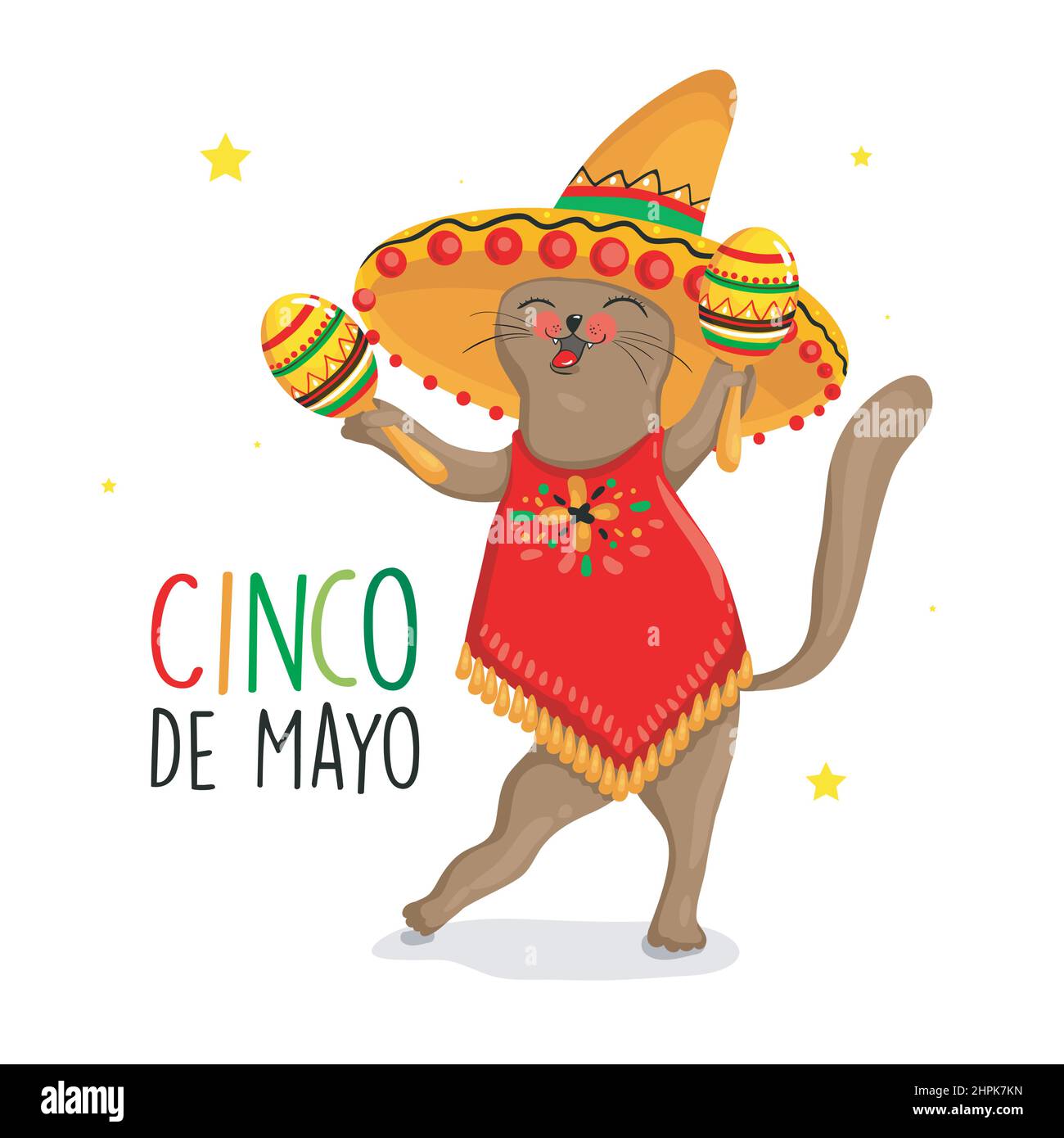 Logo Cinco de Mayo con scritta e personaggio messicano gatto con sombrero. Illustrazione vettoriale EPS10 Illustrazione Vettoriale