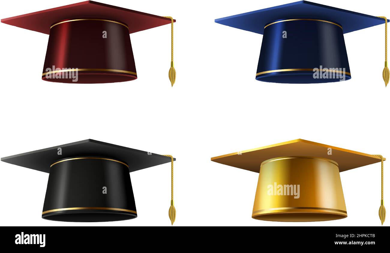 Tappo graduato realistico 3D dorato, blu, rosso e nero. Cappello quadrato accademico per la cerimonia universitaria allievo laureato che celebra il vettore impostato Illustrazione Vettoriale