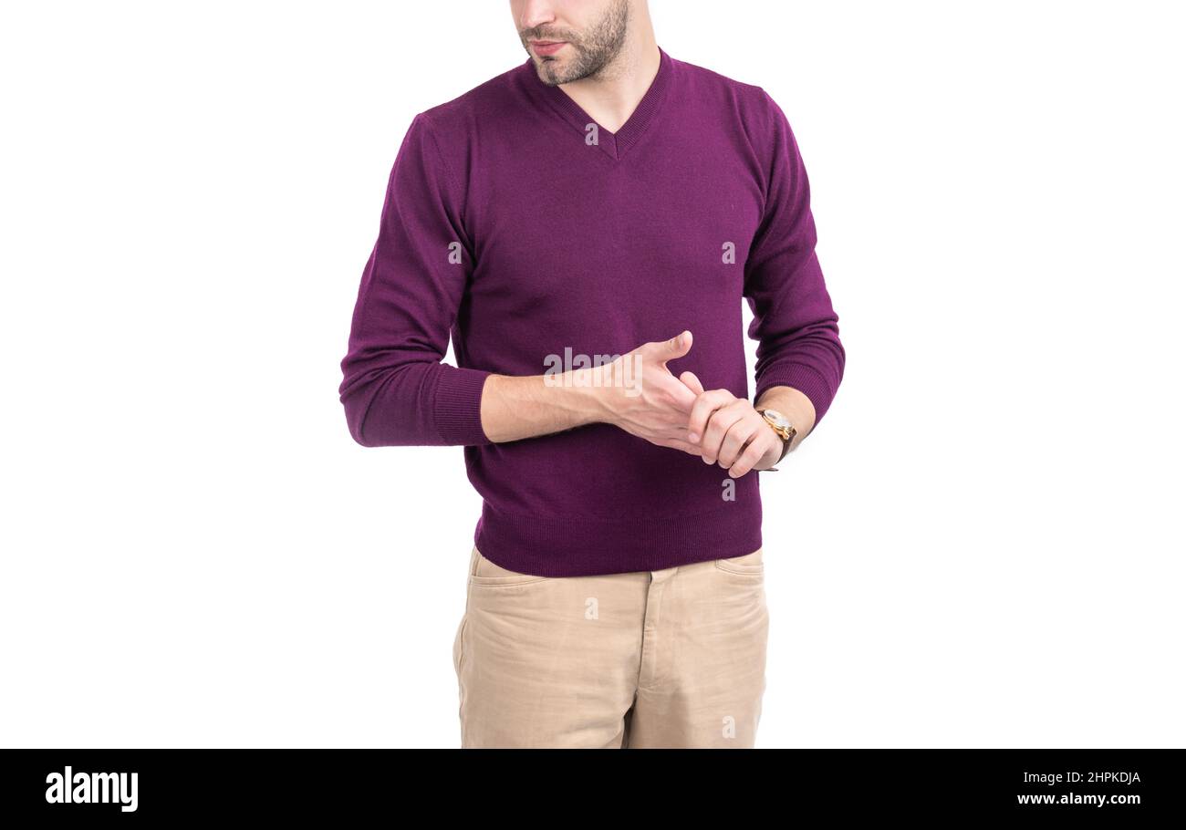 Guy non rasato vista croppata con look di moda indossare abiti eleganti isolati su bianco, casual Foto Stock