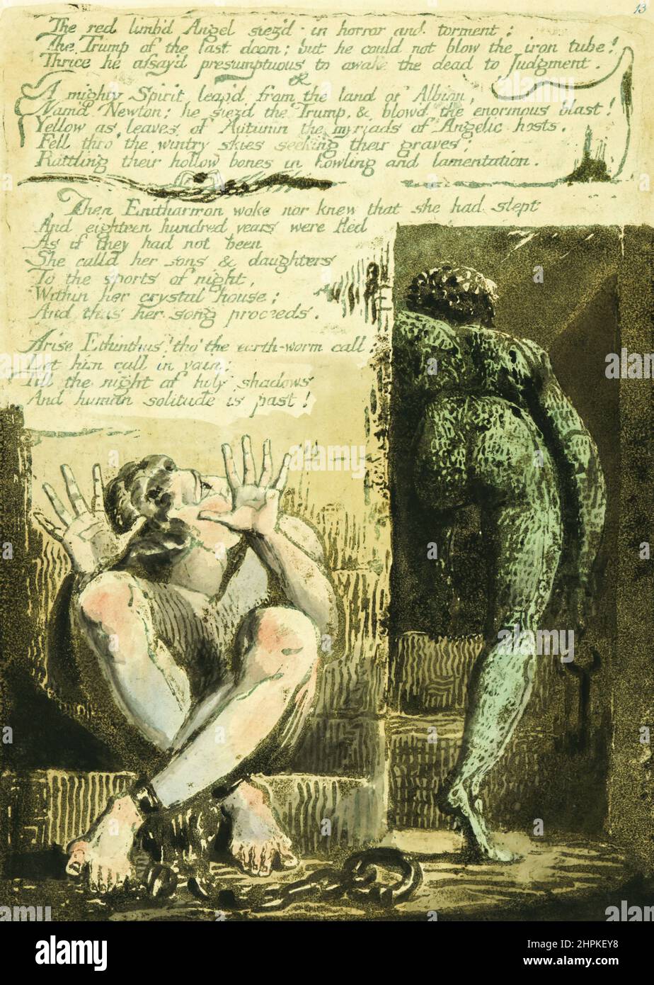 L’arto rosso Angel siez’d’orrore e tormento…. Dall'Europa una Profezia, pubblicata per la prima volta nel 1794. Del poeta e artista inglese William Blake, 1757 - 1827. Foto Stock