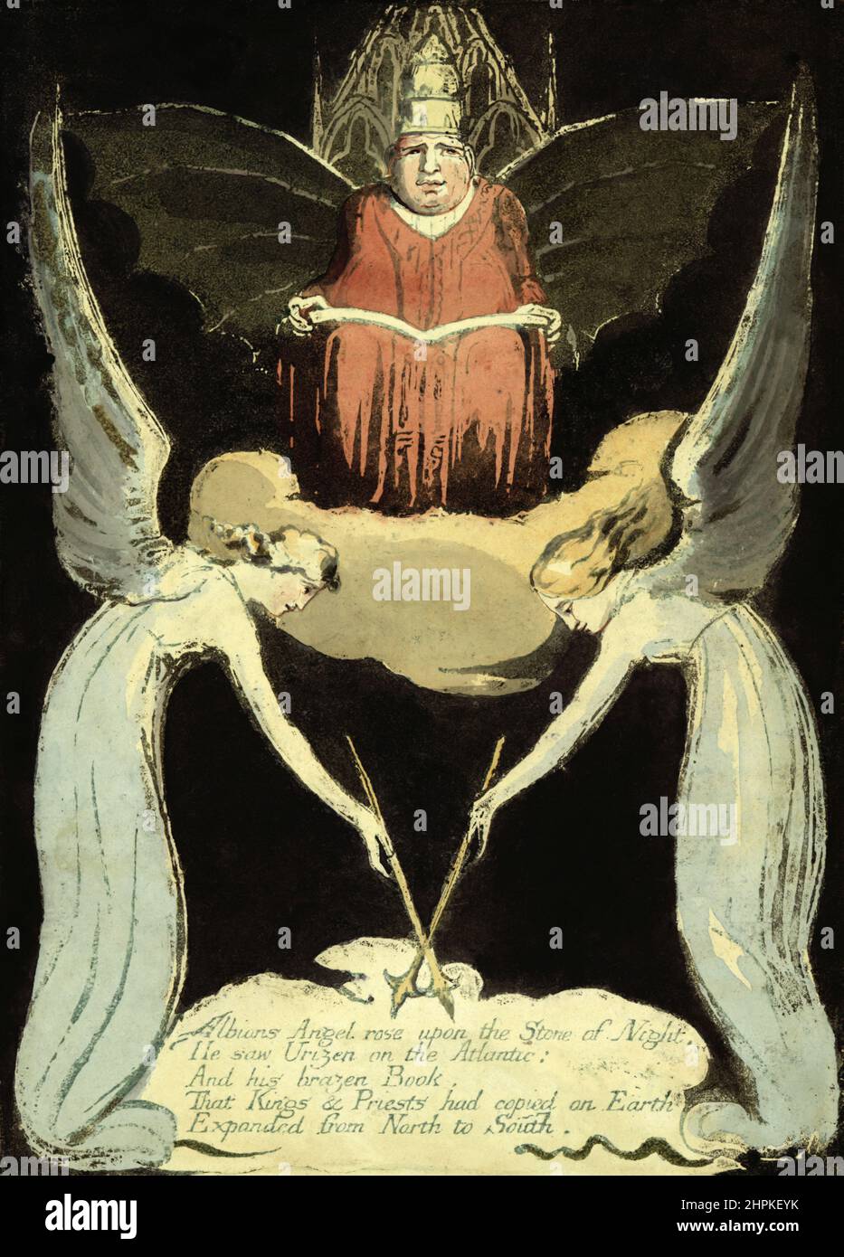 Angelo rosa di Albion sulla pietra della notte…. Dall'Europa una Profezia, pubblicata per la prima volta nel 1794. Del poeta e artista inglese William Blake, 1757 - 1827. Foto Stock
