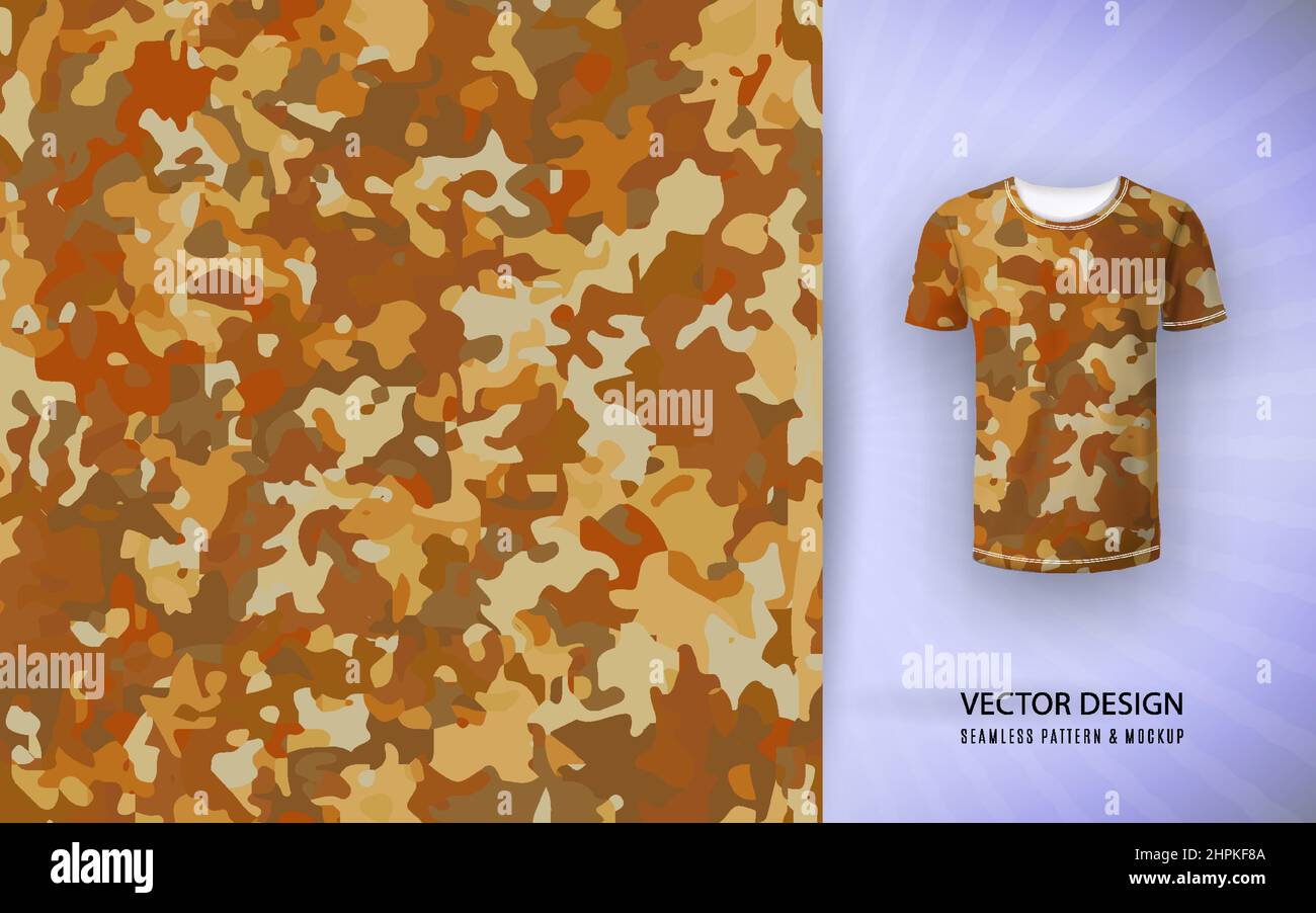 TShirt camouflage sfondo. Motivo senza cuciture e mockup camicia. Vettore, marrone arancione Illustrazione Vettoriale