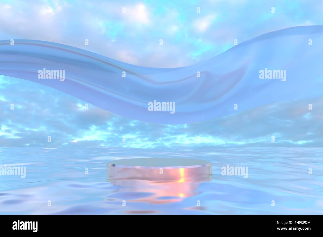 Un romantico piedistallo sull'acqua sullo sfondo del cielo della sera. Un podio in metallo con un riflesso del sole e un tessuto svolazzante sopra Foto Stock