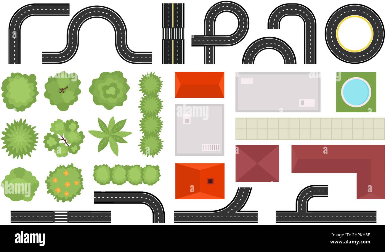 Mappa della strada vista dall'alto, case, strade e alberi. Elementi di pianta di paesaggio della città dall'alto, tetti di costruzione, cespugli e vettore di corsia di traffico set Illustrazione Vettoriale