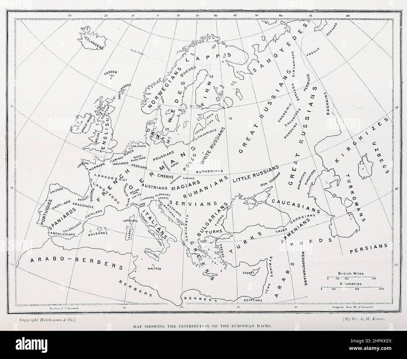 Mappa che mostra la distribuzione delle razze europee dal libro " le razze viventi dell'umanità " un popolare racconto illustrato dei costumi, delle abitudini, delle attività, delle feste e delle cerimonie delle razze dell'umanità in tutto il mondo di Sir Harry Hamilton Johnston, E Henry Neville Hutchinson Volume 2 pubblicato a Londra da Hutchinson & Co. Nel 1902 Foto Stock