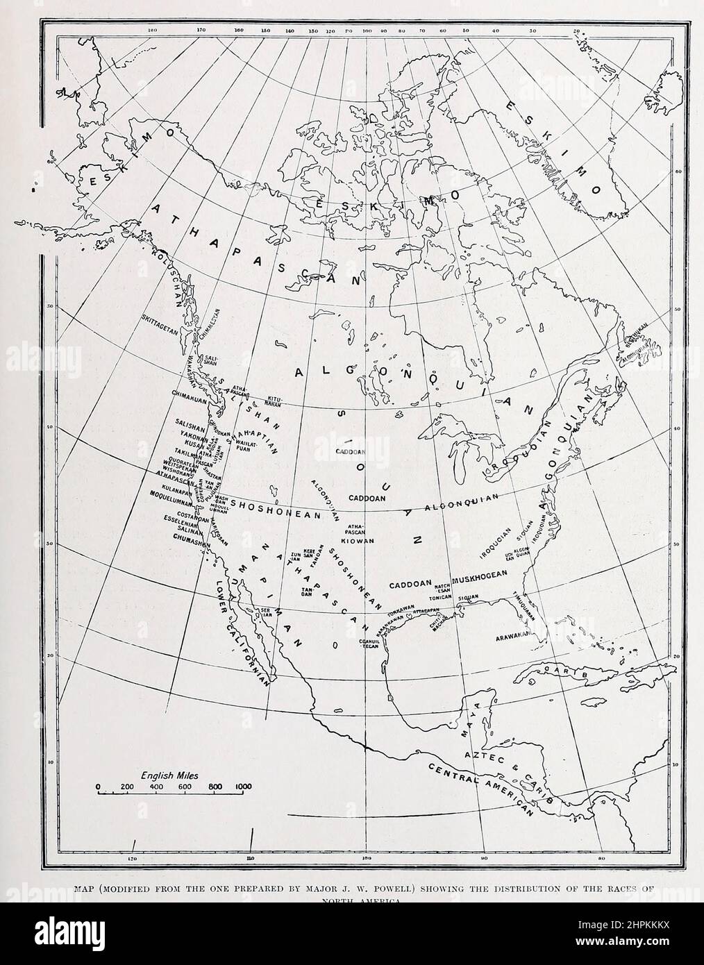 Mappa che mostra la distribuzione delle razze nordamericane dal libro ' le razze viventi dell'umanità ' un popolare racconto illustrato delle usanze, abitudini, inseguimenti, feste e cerimonie delle razze dell'umanità in tutto il mondo di Sir Harry Hamilton Johnston, E Henry Neville Hutchinson Volume 2 pubblicato a Londra da Hutchinson & Co. Nel 1902 Foto Stock